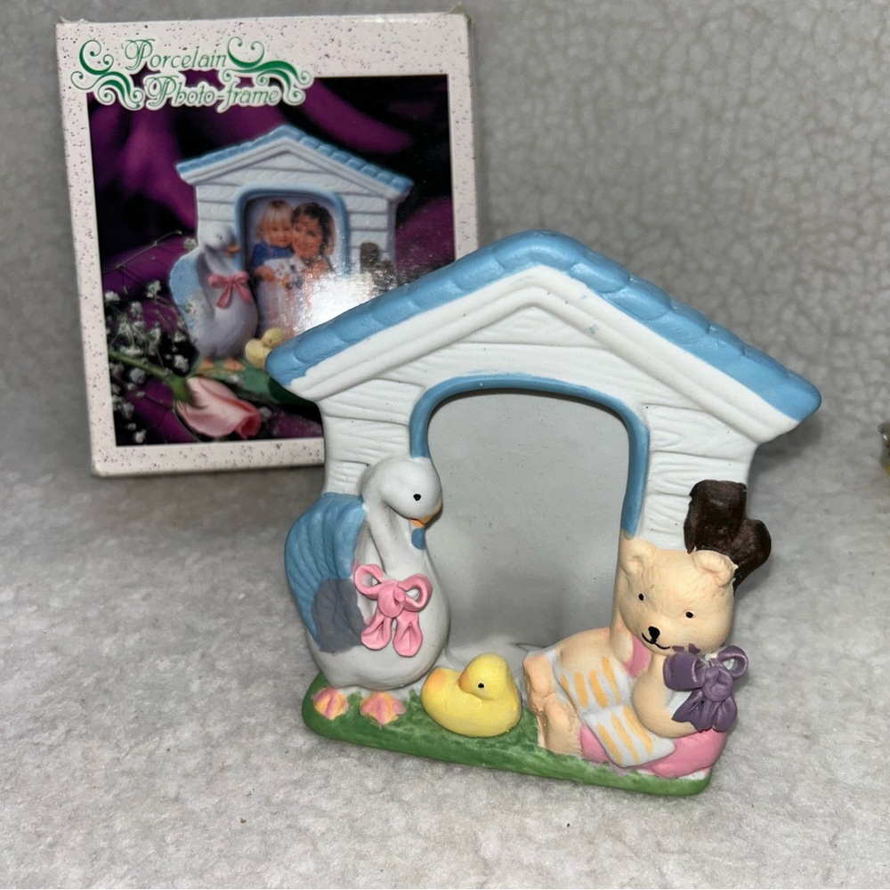 Diplomex Vintage porcelain photo frame table top 5" goose duck teddy bear